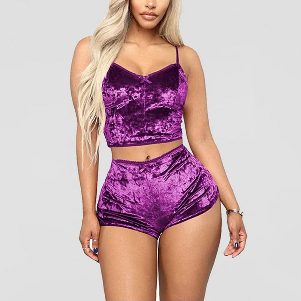 Women's Velvet Sleeveless V-neck Underwear Polyester Set Camisole+Shorts Pajamas Set Comfortable Home Clothes Top Pants