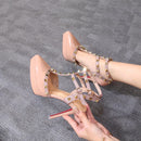 Zapatos de tacón alto con plataforma impermeable y punta puntiaguda para mujer, con remaches de 10 y 12 cm, con correa y hebilla, para verano de 2024.