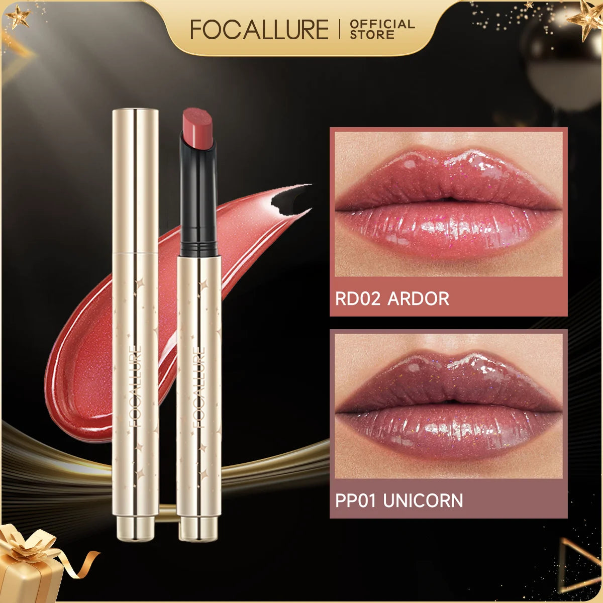 FOCALLURE Brillo labial perlado en barra, hidratante, de larga duración, sexy, brillante, lápiz labial, maquillaje, cosméticos