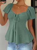 2026 Women Y2k Summer Tops V-Neck Drawstring Sexy Lace Up Short Sleeve Solid Color Shirts Female Elegant Casual Fashion Blouses