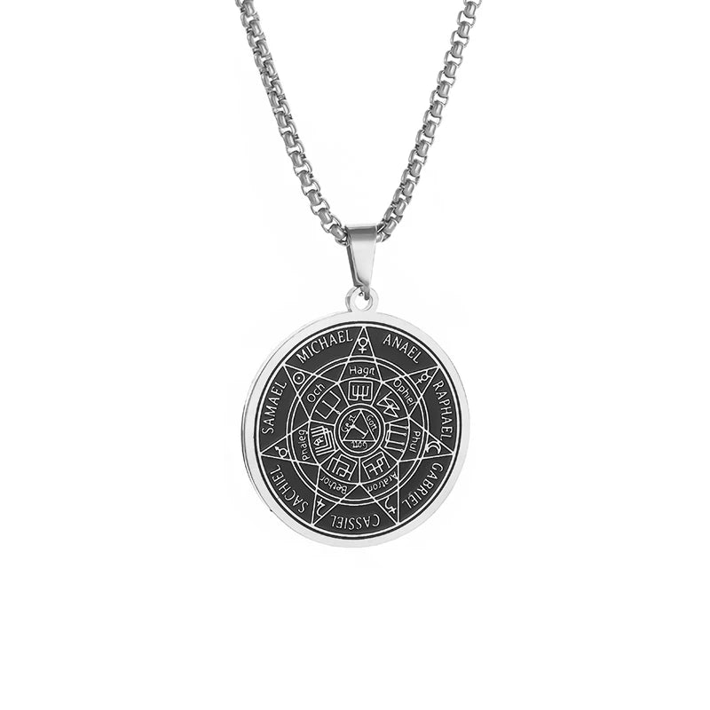 Collar con colgante de brújula de los siete arcángeles de Salomón, de acero inoxidable, estilo retro, amuleto de la suerte para hombre.