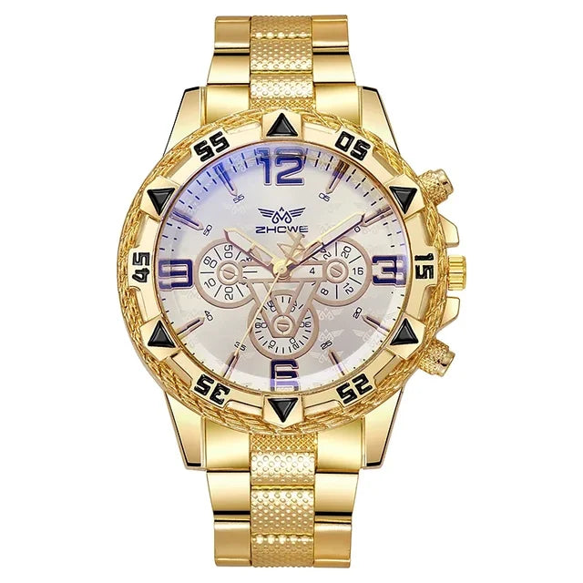 Men's large dial quartz watch steel strap blue light three eyes classic wristwatch luxury 