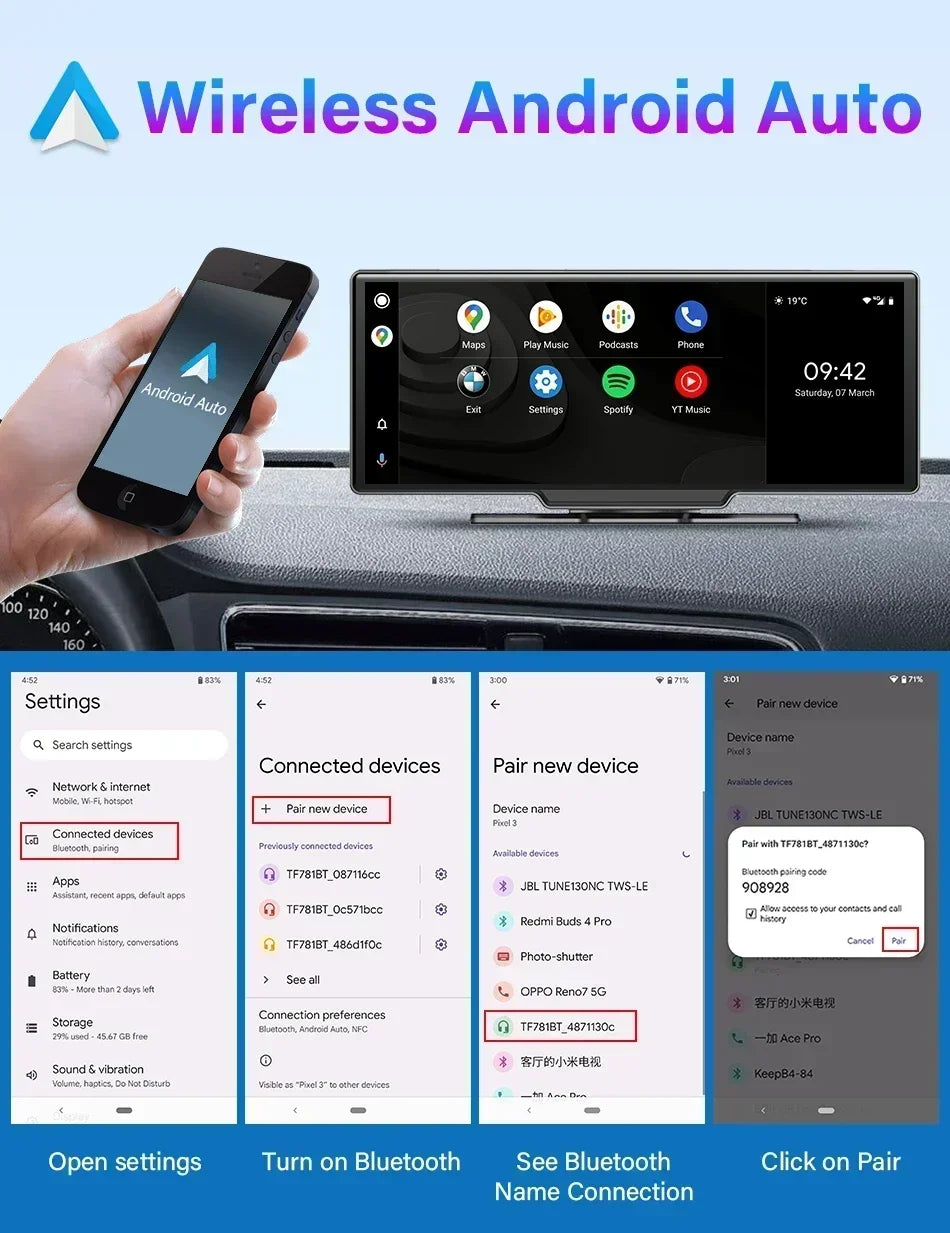 Srnubi 10.26" Dash Cam Rearview Wireless Carplay & Android Auto 4K DVR Navigation Player Dual Lens Recorder Dashboard WIFI 5.0BT