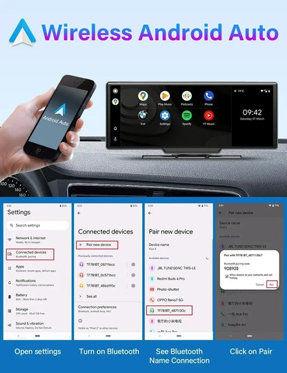 Srnubi 10.26" Dash Cam Rearview Wireless Carplay & Android Aut 4K DVR Navigation Player Dual Len Recorder Dashboard  WIFI 5.0BT