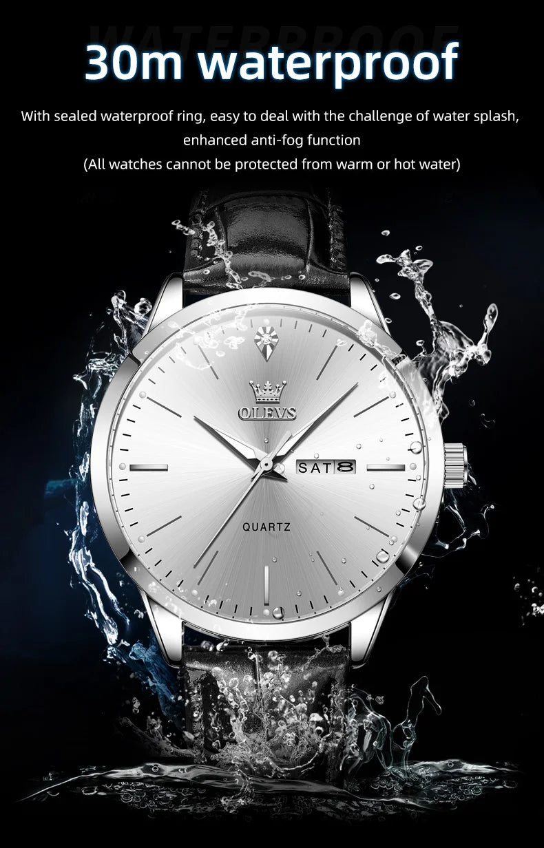 OLEVS 2935 Dual Calendar Quartz Dress Watch For Men Simple Original Leather Men's Watches Waterproof Luminous Business Hand Clock