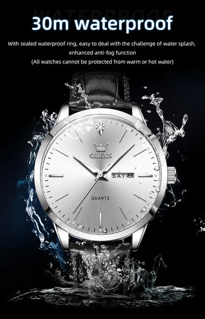 Reloj de vestir de cuarzo OLEVS 2935 con calendario dual para hombre, sencillo y original, de cuero, resistente al agua, luminoso, para negocios.
