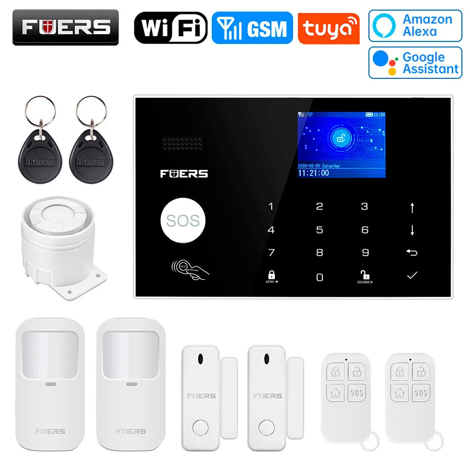 FUERS WIFI GSM Alarm System Wireless Home Burglar Security Alarm System Tuya APP Control Siren Motion Detector PIR Smoke Sensor