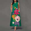 Women's V-neck Sleeveless Long Dress Retro Bohemian Dresses Floral Print Swing Casual New 