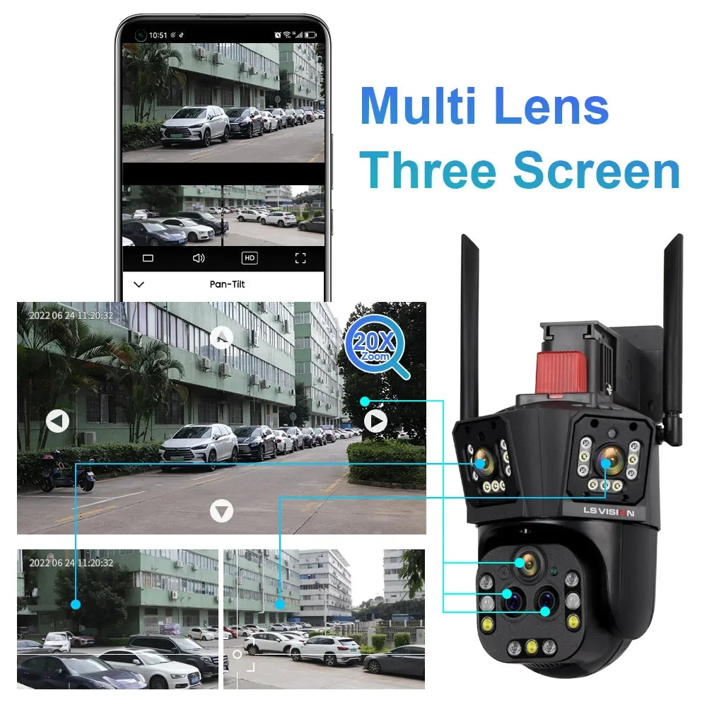 LS VISION 10K Outdoor WiFi Camera 20X Zoom Three Screen CCTV External IP Cam 20MP Security Ai Tracking Video Surveillance Camera