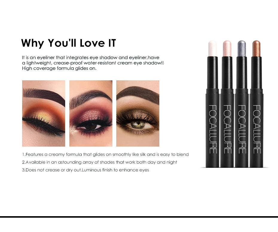 FOCALLURE Lápiz de sombra de ojos perlado de 24 colores, resistente al agua, con brillo, pigmento brillante, delineador en barra, herramientas de maquillaje