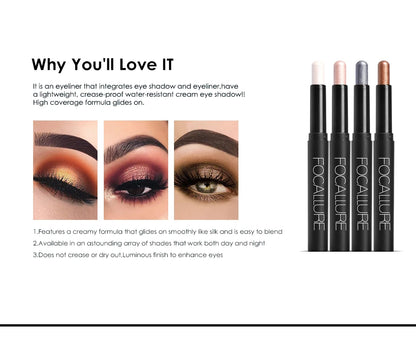 FOCALLURE Lápiz de sombra de ojos perlado de 24 colores, resistente al agua, con brillo, pigmento brillante, delineador en barra, herramientas de maquillaje