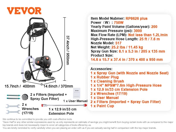 VEVOR 750W 950W Airless Paint Sprayer 3000PSI High Efficiency Electric Airless Sprayer Handheld Paint Sprayers for Home Interior