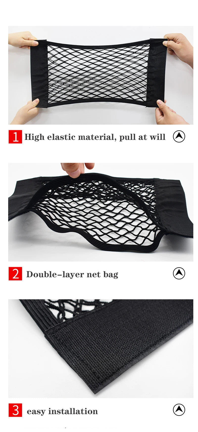 Car Seat Back Organizer Trunk Net Mesh Pocket Elastic String Net Magic Sticker Universal Portable Storage Bag Car Accessories