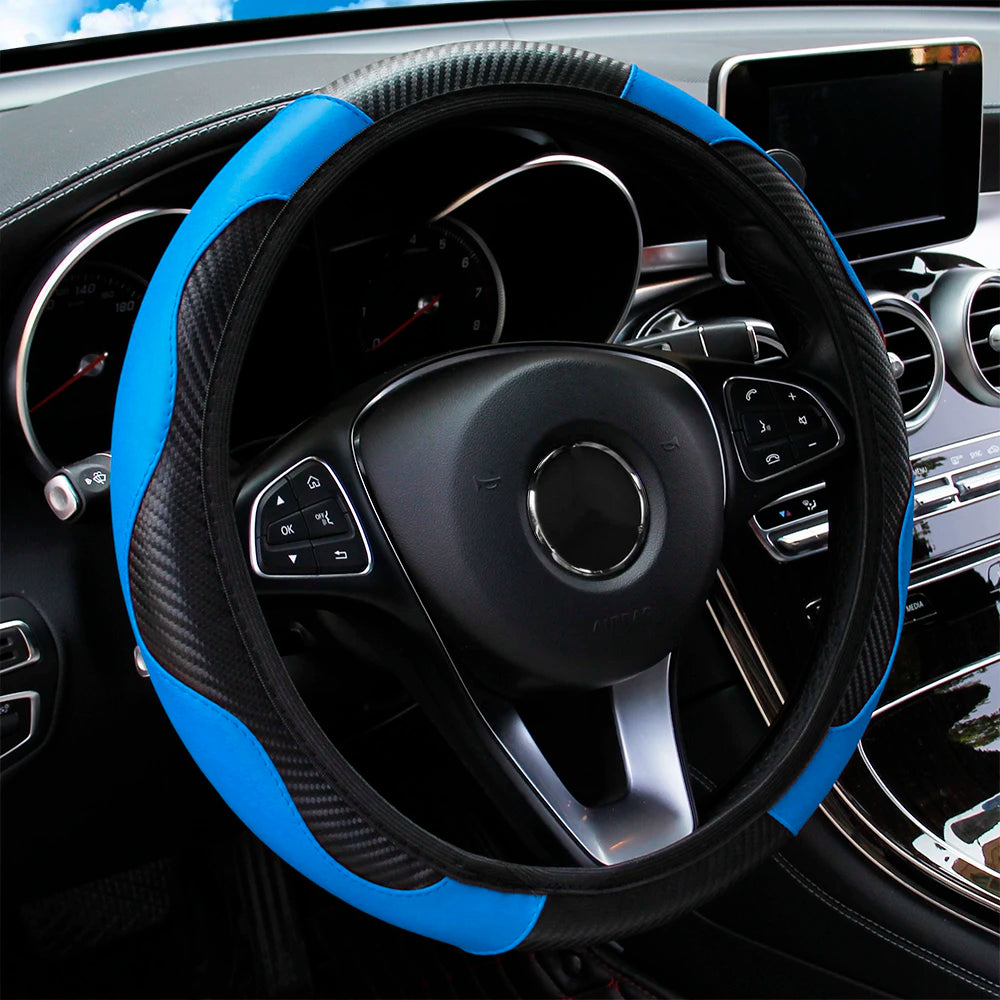 PU Carbon Fiber Leather Car Steering Wheel Cover without Inner Ring Suitable for 14.5-15 Inches Auto Supplies