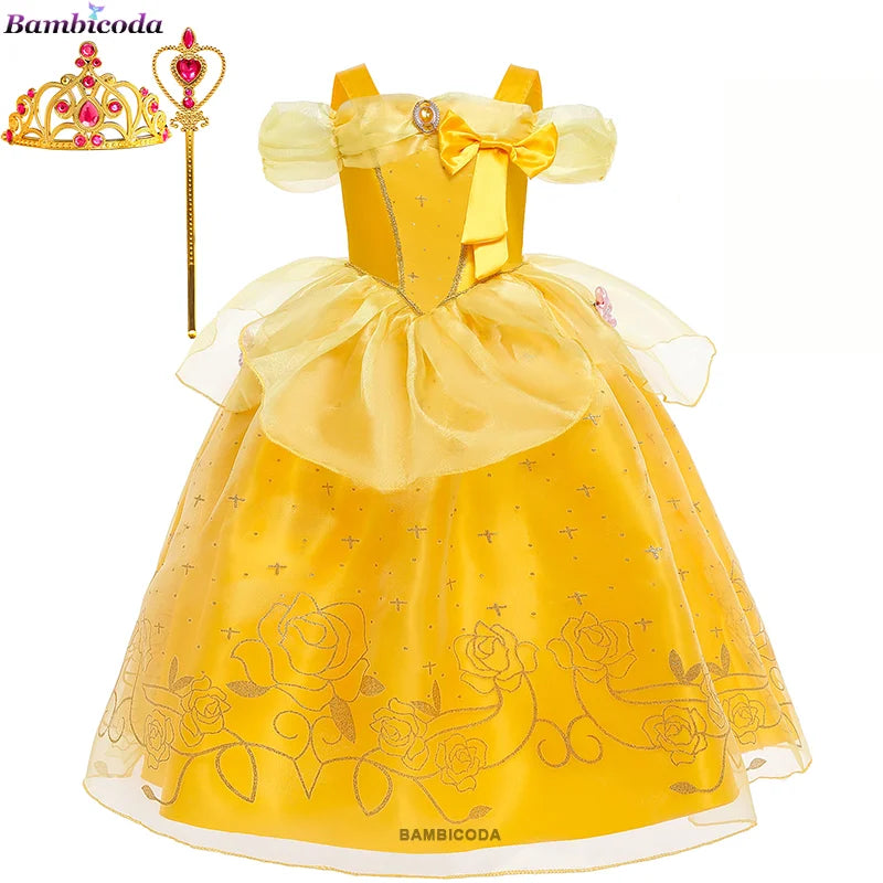 2025 Cosplay Belle Princess Dress Girls Dresses For Beauty and beast Party Clothing Magic stick crown Costume 3-12Y