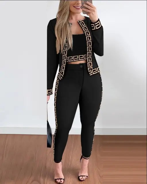Conjunto de camisola de manga comprida e calça fina feminina, moda feminina, streetwear, tendência, primavera, outono, novo, 3 peças