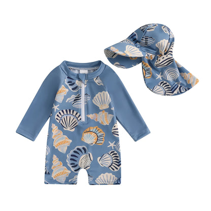 Trajes de baño de verano para niñas y niños pequeños, de manga larga, con estampado floral/tropical, con cremallera y sombrero.