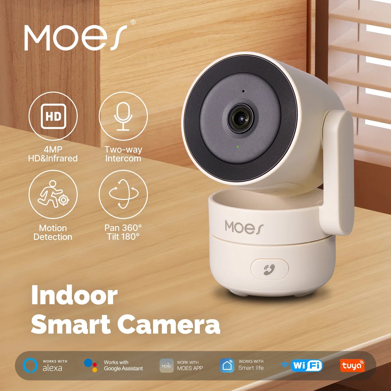 MOESTuya WiFi Indoor Pan/Tilt Smart Security Camera 4MP HD Infrared Night Vision Motion Sound Detection Panoramic Patrol Monitor