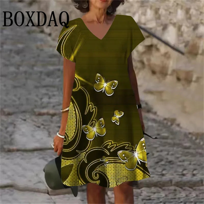 9XL Large Sizes Dress Women Sundress Casual V-Neck Short Sleeve Loose Dress Summer Retro Flowers Plant Print Dress Plus Size 8XL