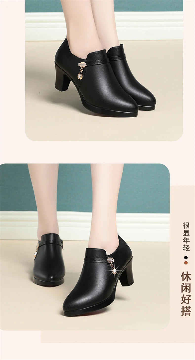 Comfortable Fashion Deep Mouth Soft Leather Women's Platform Shoes 2024 Fall Med Block Heels Single Shoes for Office Mom