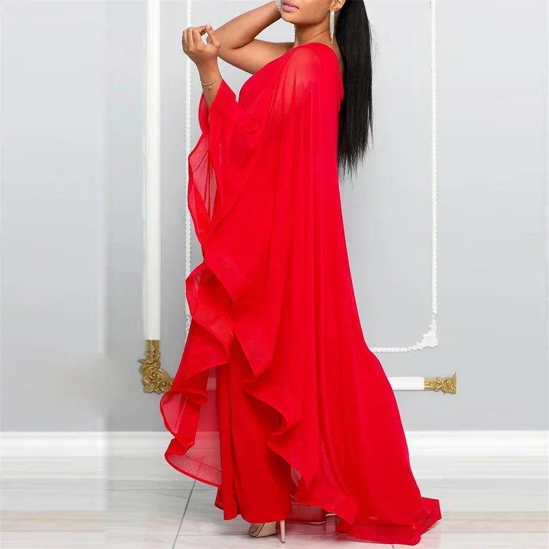 Elegant Chiffon One Shoulder Wide Leg Jumpsuit Women Club Party Birthday Outfits One Pieces Rompers Overalls Combinaison Femme