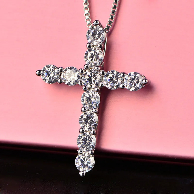 925 Sterling Silver Necklace for Men and Women, Box Chain, Shiny Crystal, Classic Cross Pendant, Fashion Jewelry, 16-24 Inches 