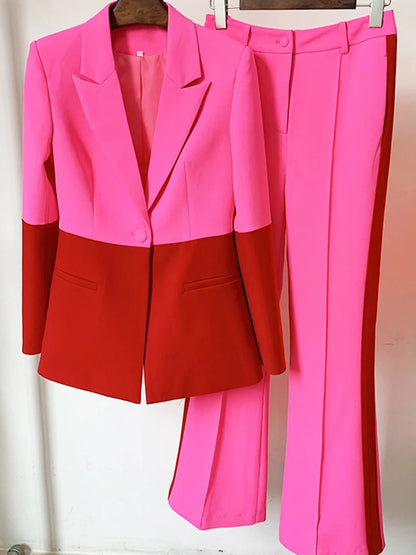 HIGH QUALITY Newest 2025 Star Style Fashion Designer Runway Suit Set Women's Single Button Color Block Blazer Flare Pants Suit