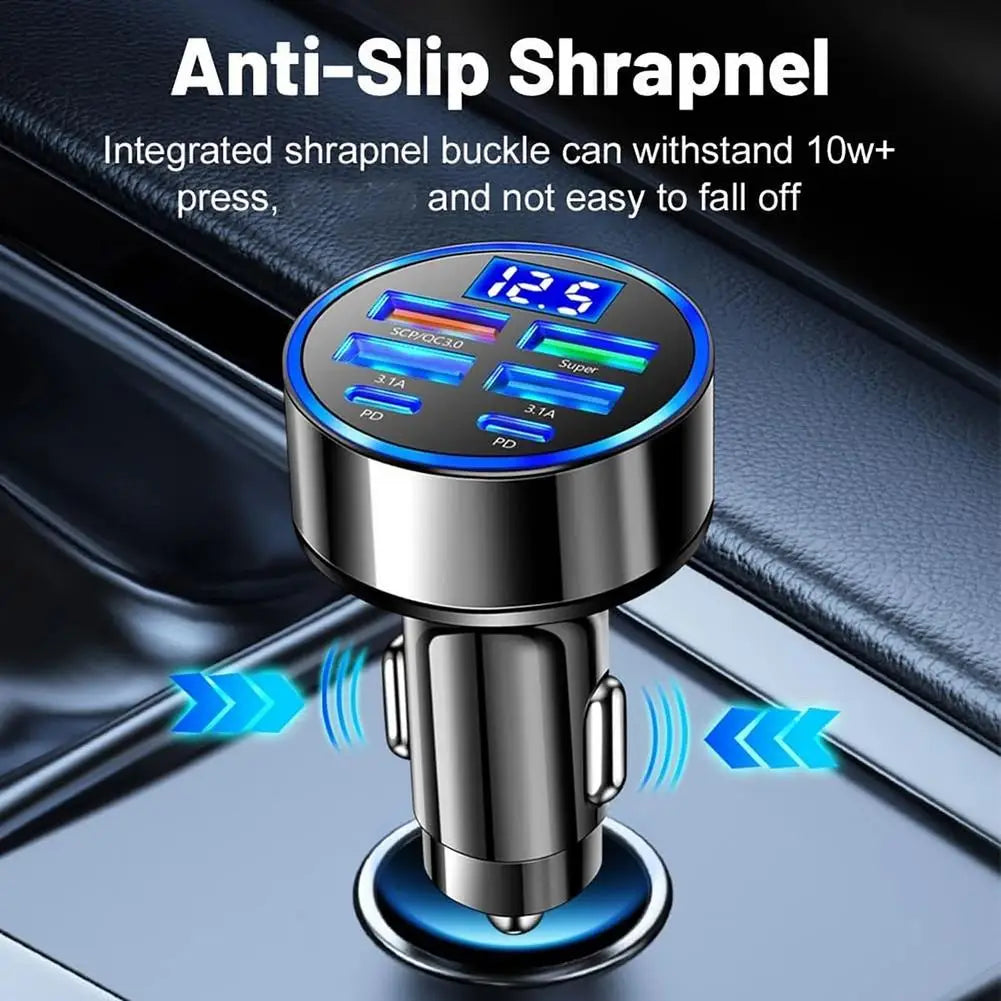300W PD Car Charger 6 Ports Fast Charging QC3.0 USB C Car Phone Charger Type C Adapter Dual PD Super Fast with Digital Display