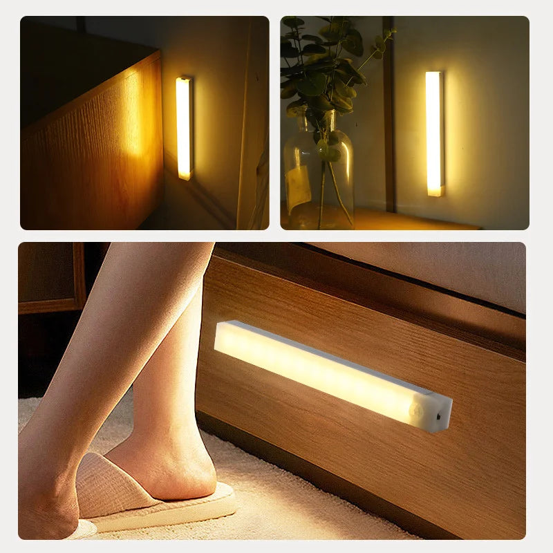 Luz Noturna LED Sem Fio com Sensor de Movimento e Recarga USB – Barra Longa para Armários de Cozinha, Guarda-Roupas, Cabeceiras e Escadas