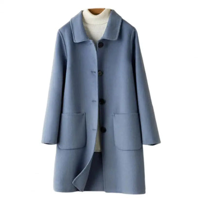 Abrigo de invierno de longitud media para mujer, color liso, cuello vuelto, botonadura sencilla, abrigo formal grueso para uso diario en la calle.