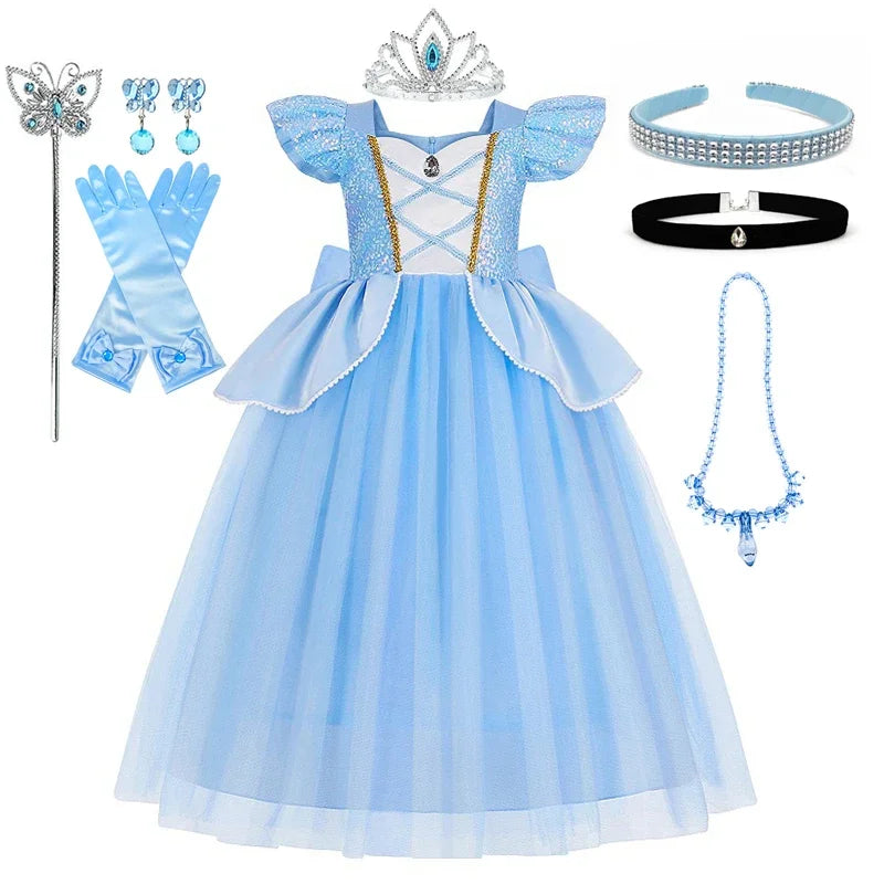 Disney Deluxe Elegant Cinderella Princess Ball Gown Fancy Birthday Cinderella Party Dress Vestidos Costume Play Carnival Apparel