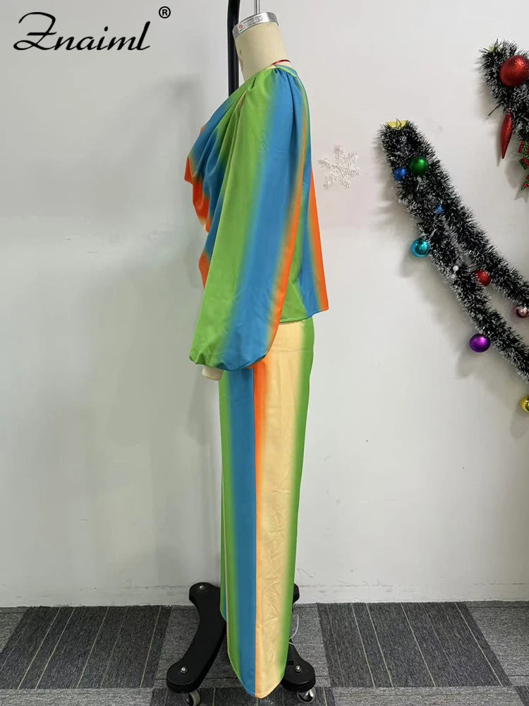 Znaiml Lantern Sleeve Top and Wide Leg Pants Two Piece Set Rainbow Gradient Print Women Outfits Elegant Office Birthday Party