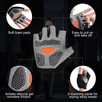 Guantes de gimnasio para hombre y mujer, para levantamiento de pesas, entrenamiento físico, antideslizantes, con protector de palma, transpirables, sin dedos, para bicicleta y ciclismo.