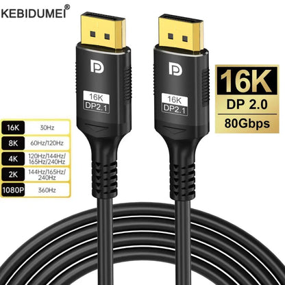 16K DP 2.1 8K@120Hz 4K@240Hz 80Gbps HDR Video Audio Displayport Cable Display Port for Laptop TV Xbox Projector Gaming Monitor