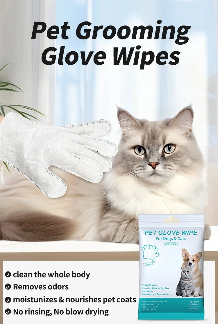 6pcs/bag Pet Wash-Free Gloves for Cats and Dogs - Bathing, Cleaning, Dry Cleaning Wipes, Deodorizing Wipes, Pet Products