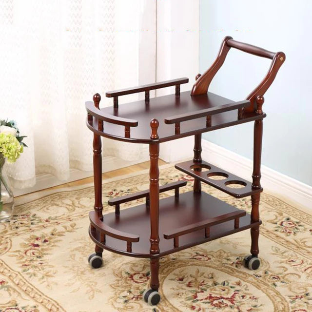 Solid Wood Multipurpose Shelf Display Rack, Double-layer Trolley, Mobile Tea Tables, Hotel Household Coffee Tables, Dining Car 