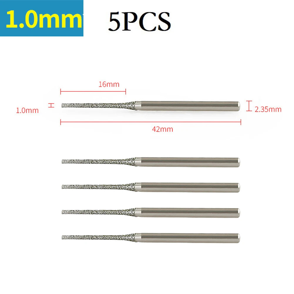 5pcs 0.8/1/1.2/1.5/1.8/2/2.5mm Diamond Coated Drill Bits With 2.35mm Shank Glass Jade Amber Jewelry Glass Diamond Drill Bit