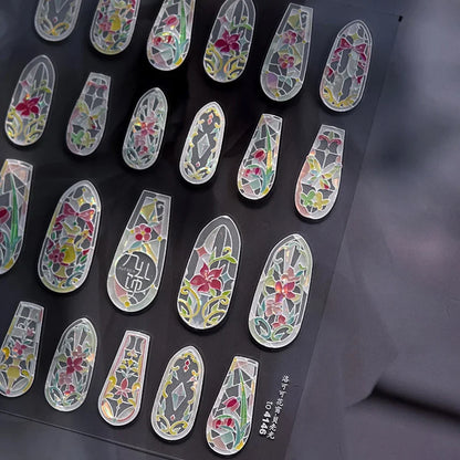Flash Dreamy Chinese Flower Window Butterfly Glazed Rococo Geometric Frame Stamp Embossed Relief Nail Art Sticker Manicure Decal