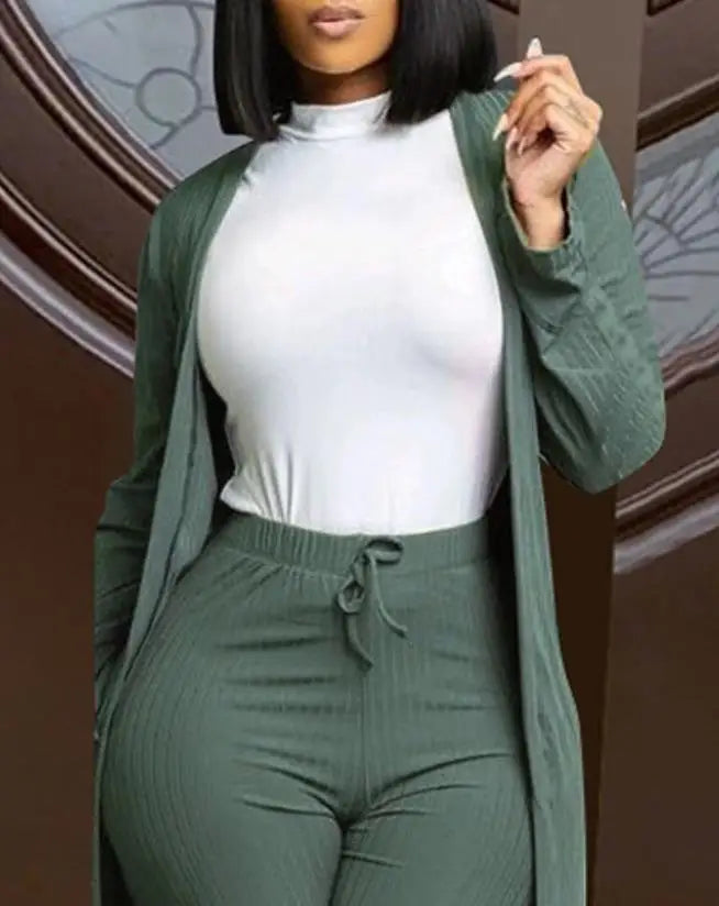 Two Piece Sets Womens Outifits Plain Ribbed Long Sleeve Open Front Coat & Casual Daily Drawstring Pants Set 2022 New