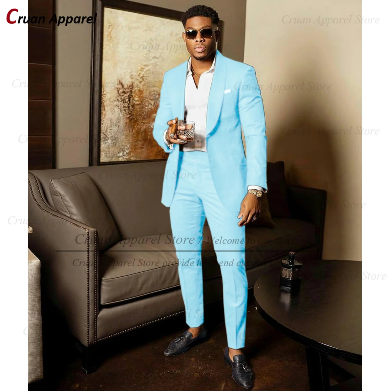 Blue Shawl Lapel Suit Male 2 Pieces Tailored Groom Wedding Suits Tuxedo Best Man Blazer Pants Trendy Fashion Marriage Costume