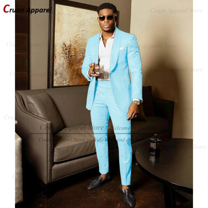 Blue Shawl Lapel Suit Male 2 Pieces Tailored Groom Wedding Suits Tuxedo Best Man Blazer Pants Trendy Fashion Marriage Costume