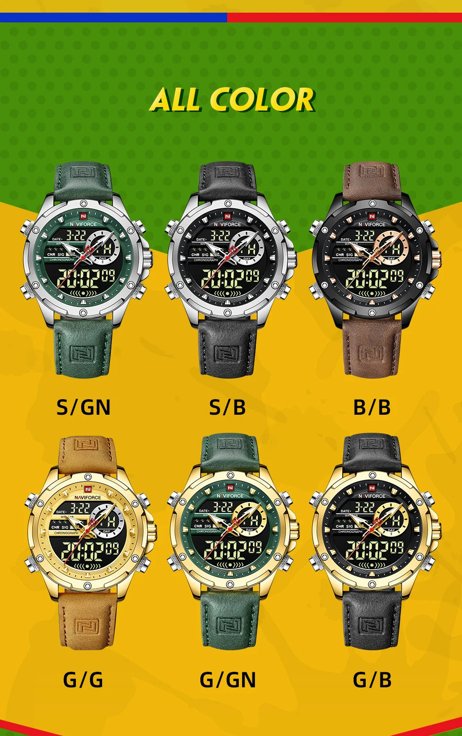 NAVIFORCE Luxury Original Watches For Men Casual Sport Chronograph Alarm Quartz WristWatch Leather Waterproof Digital Clock 9163