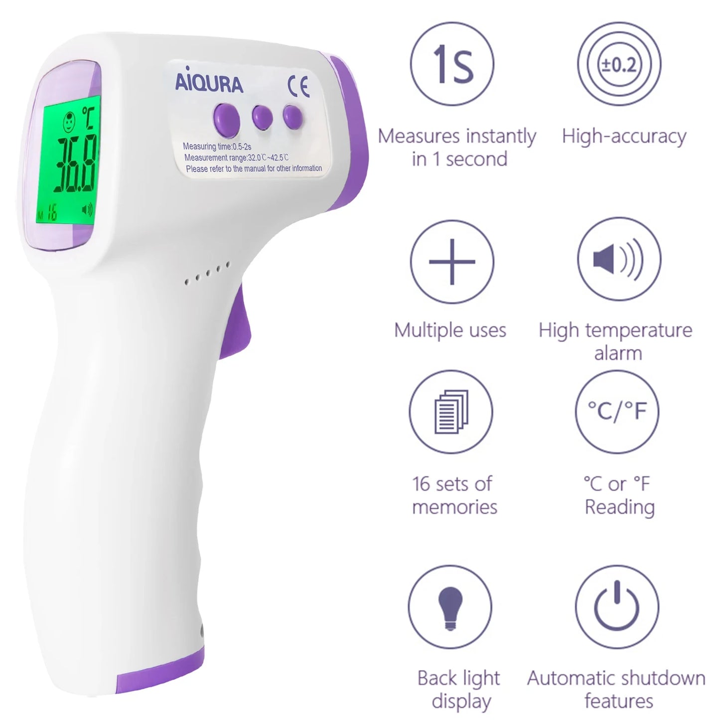 Termómetro digital médico infrarrojo sin contacto para medir la temperatura corporal y la fiebre en bebés y adultos.