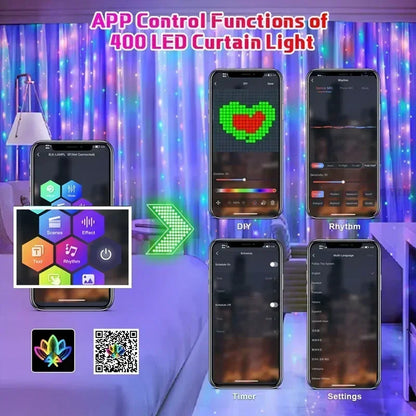 Cortina de luces inteligentes de 400 LED con Bluetooth y aplicación, cadena de luces LED RGB, luces de hadas DIY con cambio de música para decoración de ventanas y dormitorios.