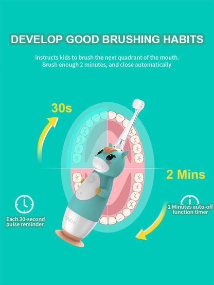 Toddler Sonic Electric Toothbrush for Baby with Cute Unicorn Cover and Smart LED Timer Soft Microfiber Bristles 4 Brush Heads