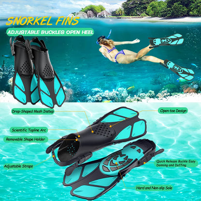 Aletas de snorkel con hebillas ajustables, aletas de natación cortas de silicona, zapatos de buceo con tacón abierto, talla de viaje, para adultos, hombres y mujeres