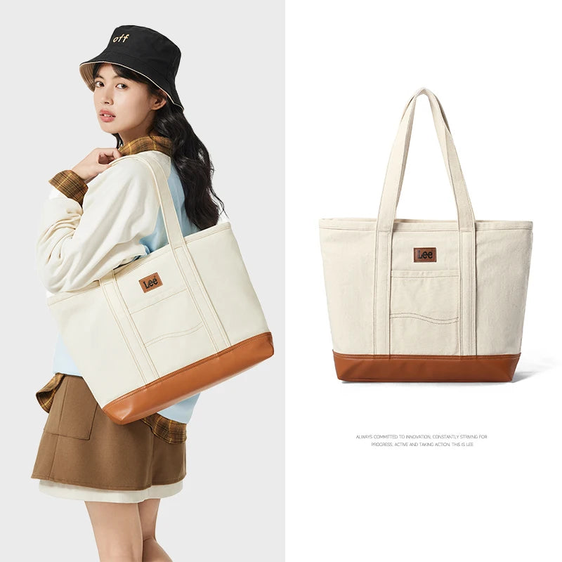 LEE Unisex Utility Canvas Leather Zipper Tote Bag Casual Denim Daily Shopping Handbag Women Men Durable Student School Book Bag