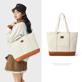 LEE Unisex Utility Canvas Leather Zipper Tote Bag Casual Denim Daily Shopping Handbag Women Men Durable Student School Book Bag