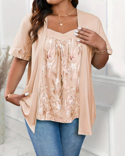 Camiseta plus size 2 em 1 com estampa floral, tops casuais de manga curta para primavera e verão, roupas femininas plus size