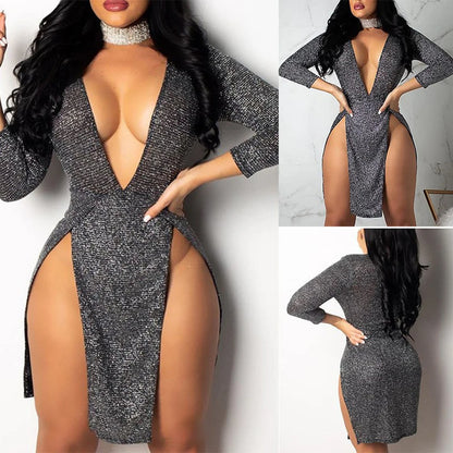 Vestido mini sexy de escote en V profundo y escotado, elegante y de manga larga para mujer, para fiesta en club.